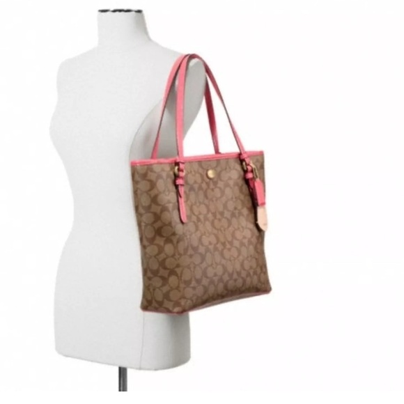 NWT Coach PEYTON SIGNATURE ZIP TOP TOTE F27348 SV/Khaki/Navy Below $328 Retail - Picture 2 of 5